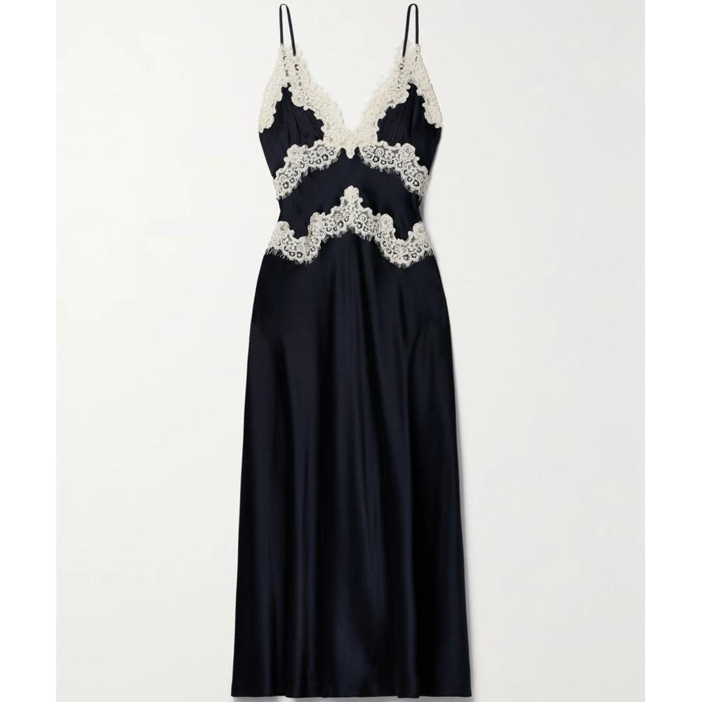 DÔEN Obelia corded lace-trimmed silk-satin midi dress in Black